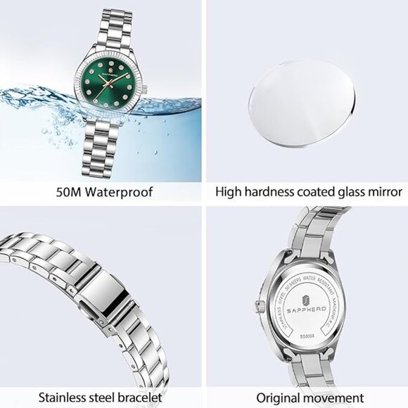 Analog silver watch with second hand and green metallic face - Picture 5 of 5